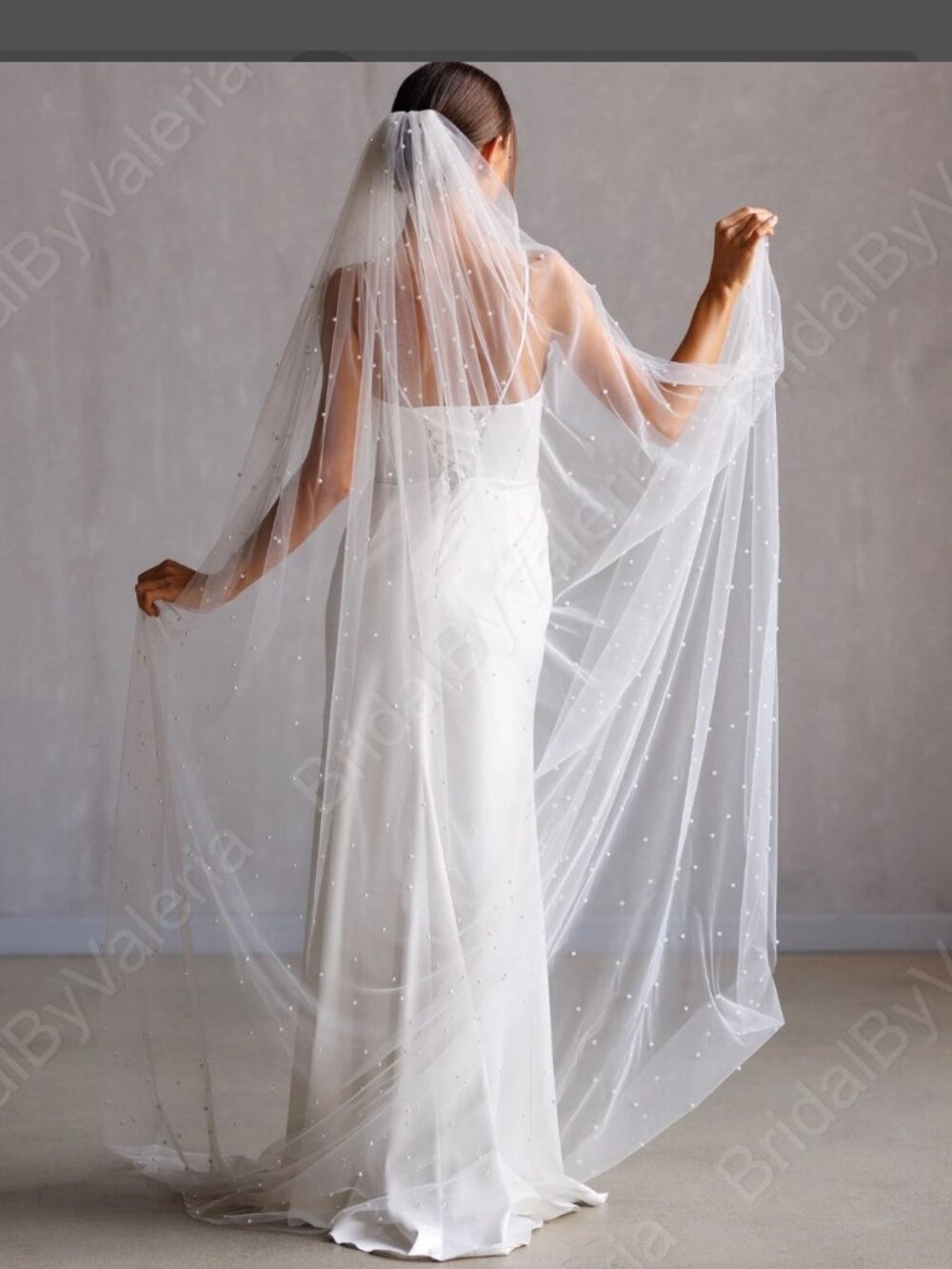 NEW Bridal Veil Pearl Single Layer cathedral with scattered pearls 108"
